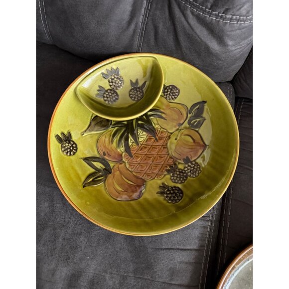 Vintage Los Angeles Pottery Green Divided Serving Platter With Fruit Design - Picture 1 of 4